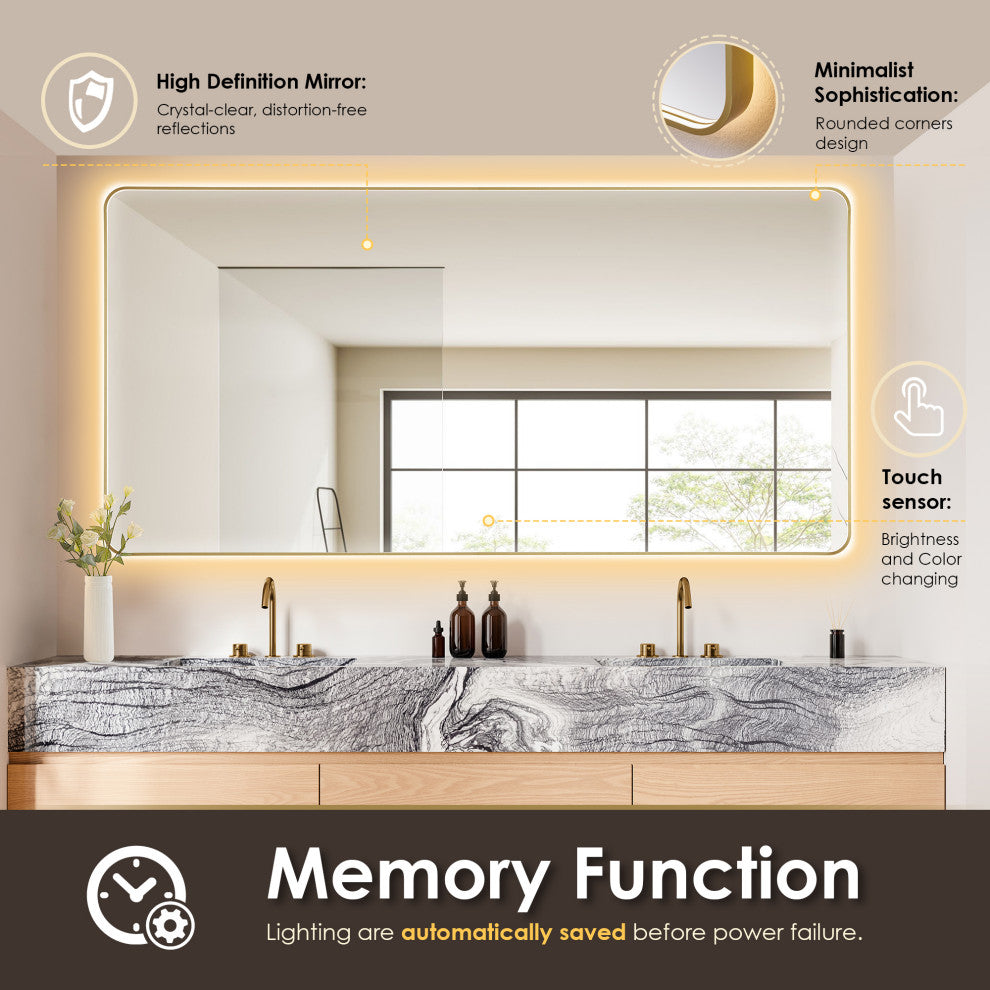 Dazzle Rectangular Bathroom/Vanity LED Lighted Wall Mirror, Brushed Gold, 84"