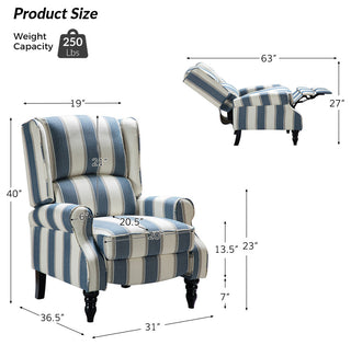 Modern Push-Back Plaid Recliner with Rolled Armrest, Stripe Navy