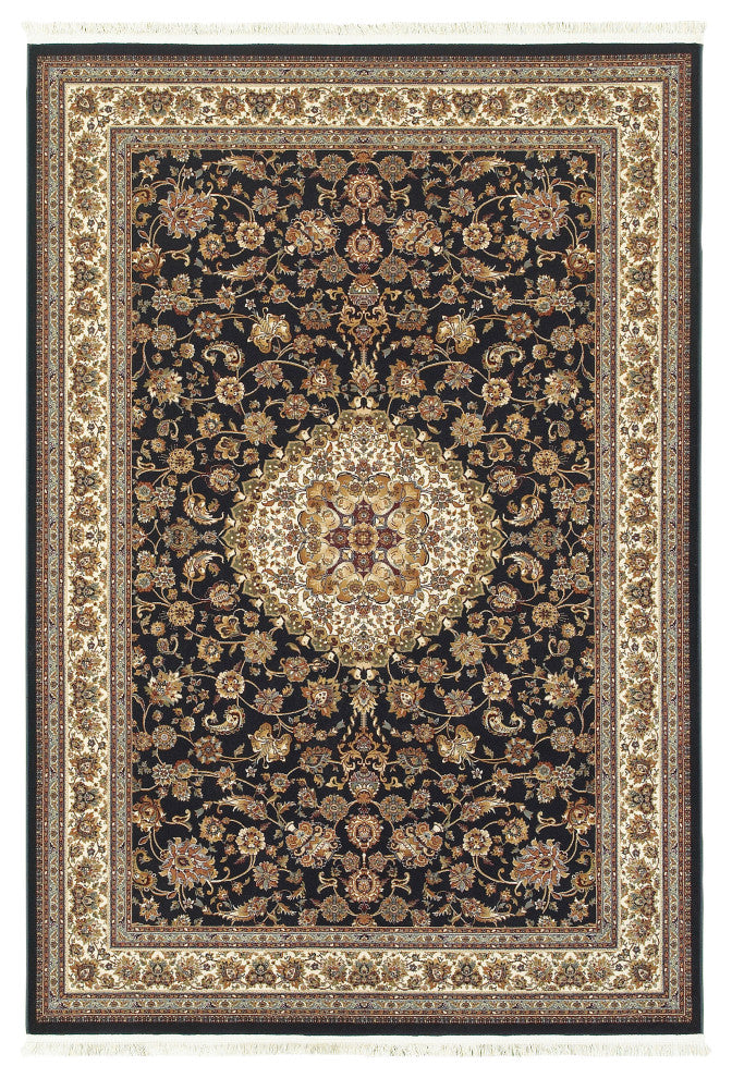 Mackenzie Intricate Medallion Dark Blue/ Ivory Fringed Area Rug, 6'7"X9'6"