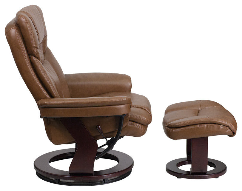 Palimino Leather Recliner and Ottoman With Swiveling Mahogany Wood Base