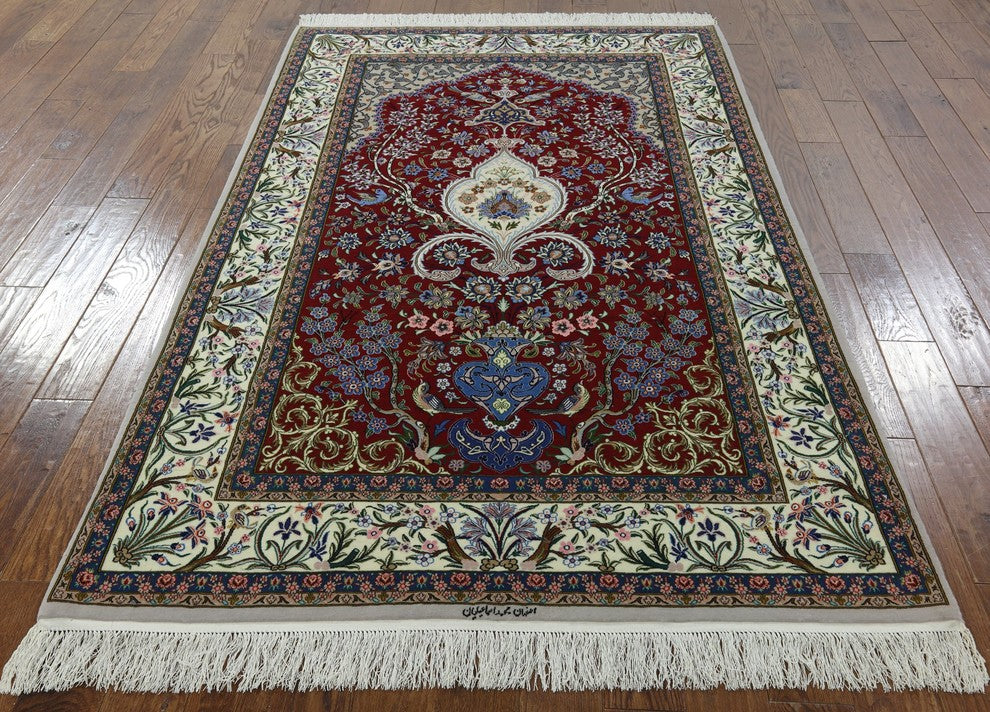 Authentic Persian Isfahan Hand Knotted Wool and Silk Rug, 5'x8'