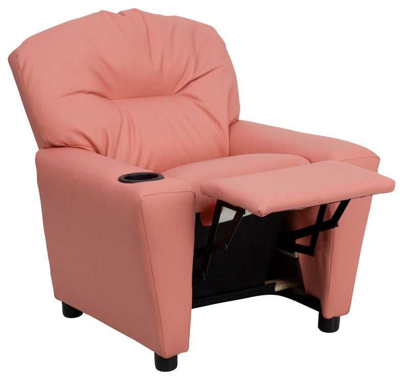 Contemporary Pink Vinyl Kids Recliner With Cup Holder