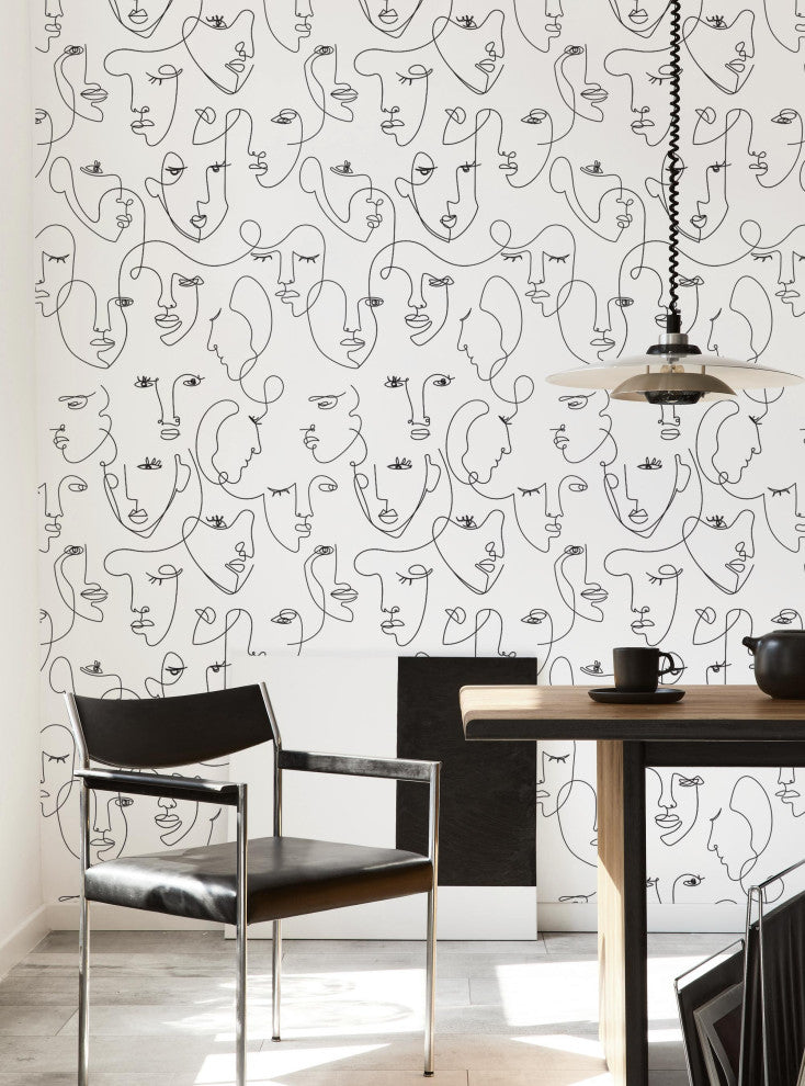 Minimalist Faces Line Art Peel and Stick Vinyl Wallpaper, Black, 24"w X 60"h