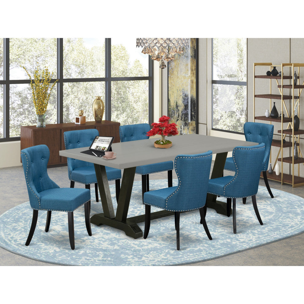 V697Si121-7, 7-Piece Set, 6 Chairs, Table and Wooden Legs, Cement and Black