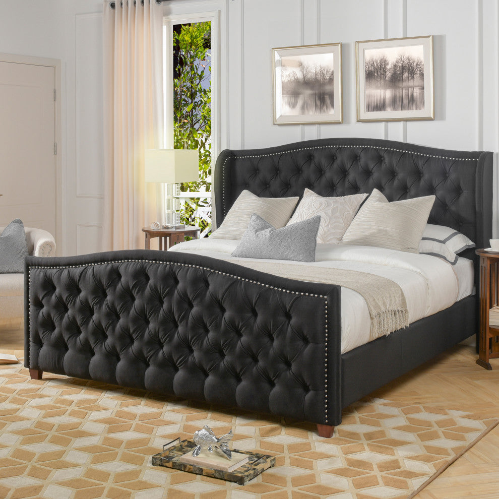 Marcella Upholstered Tufted Shelter Wingback Panel Bed, Jet Black Polyester, King