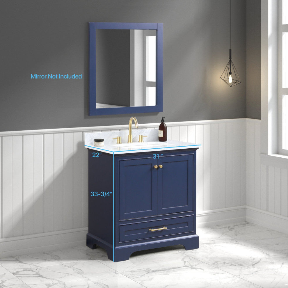 Freestanding Bathroom Vanity with Marble Countertop & Undermount Sink, Blue, 30'' W/ Sink