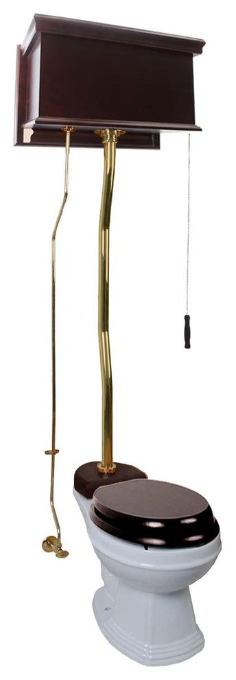 Dark Oak High Tank Pull Chain Toilet Elongated White China Bowl & Brass Z Pipe