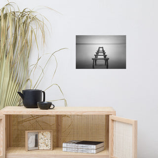 Soft Lake & Abandoned Pier Black & White Landscape Photo Loose Wall Art Print, 12" X 18"