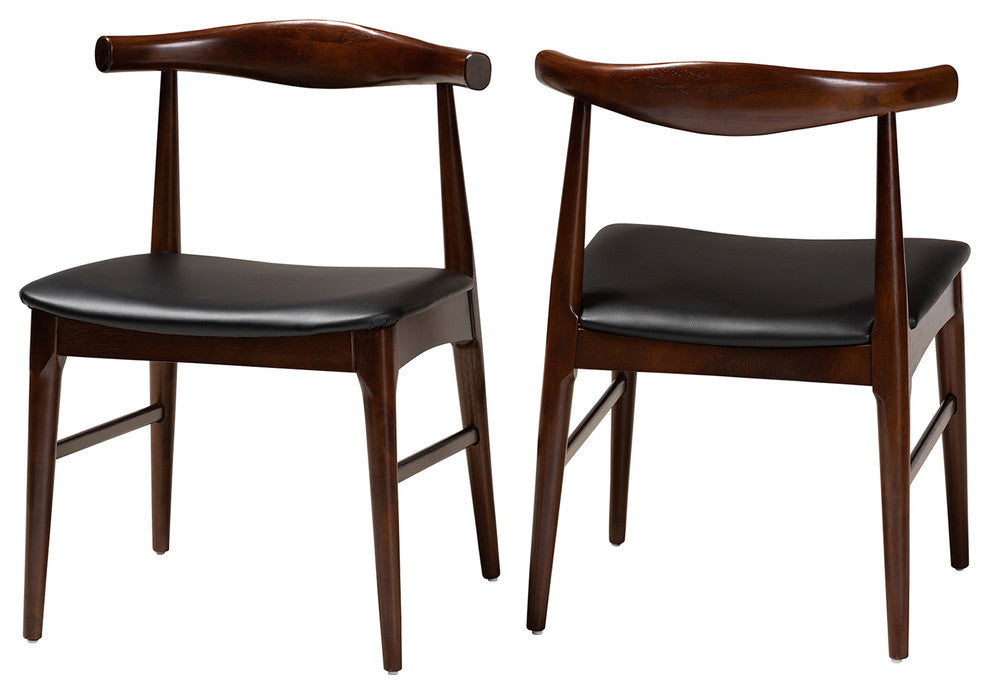 Eira Mid-Century Modern Black Faux Leather Walnut Wood Dining Chairs, Set of 2
