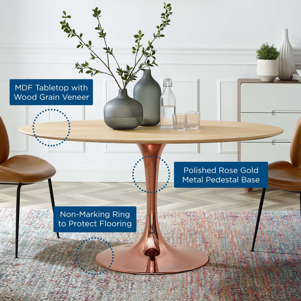 Dining Table, Oval, Wood, Rose Gold Brown Natural, Modern, Bistro Restaurant