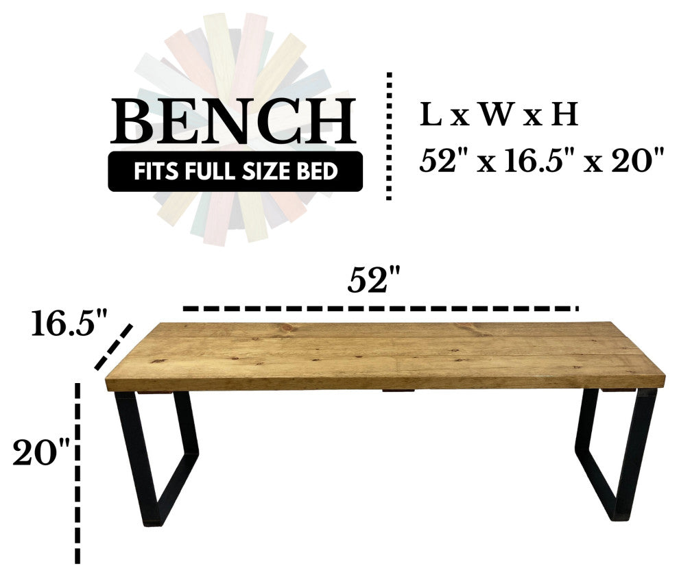 Bedroom or Entryway Bench, Heavy Duty Industrial Metal Legs, Golden Brown, Length 52", Fits Full Bed