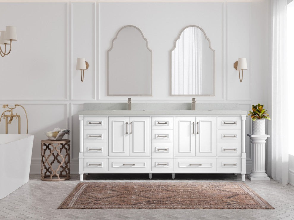 Aberdeen 84 Double Sink Bath Vanity in White 2" Carrara Quartz