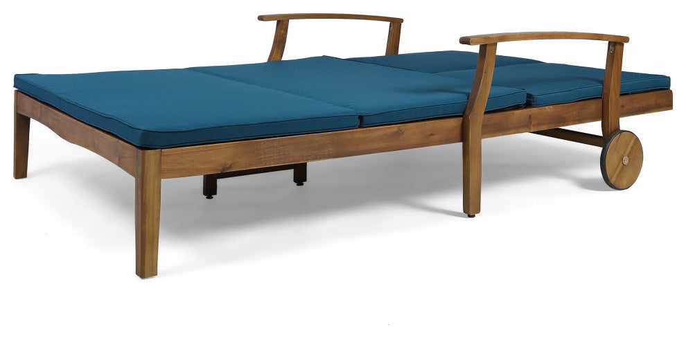 GDF Studio Samantha Outdoor Acacia Wood Double Chaise Lounge, Teak Finish/Blue