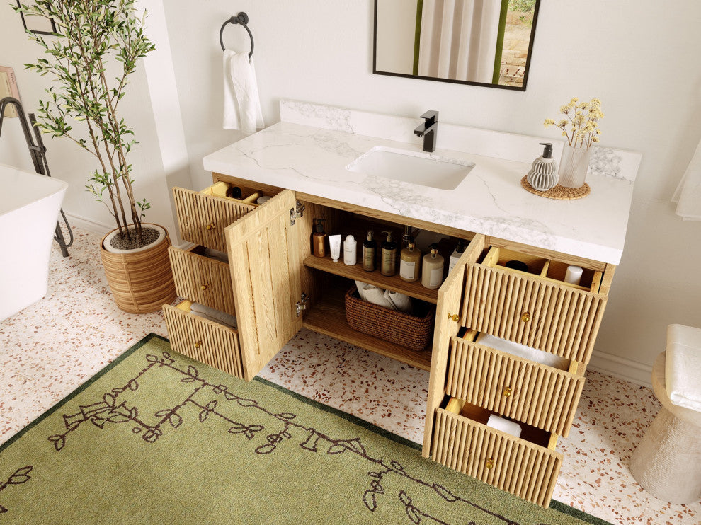 Pasadena Oak 60" Single Bathroom Vanity, White 2" Carrara Quartz