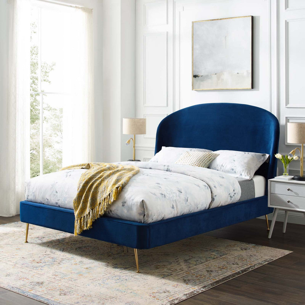 Platform Bed Frame, Queen Size, Velvet, Blue Navy, Modern Contemporary, Bedroom