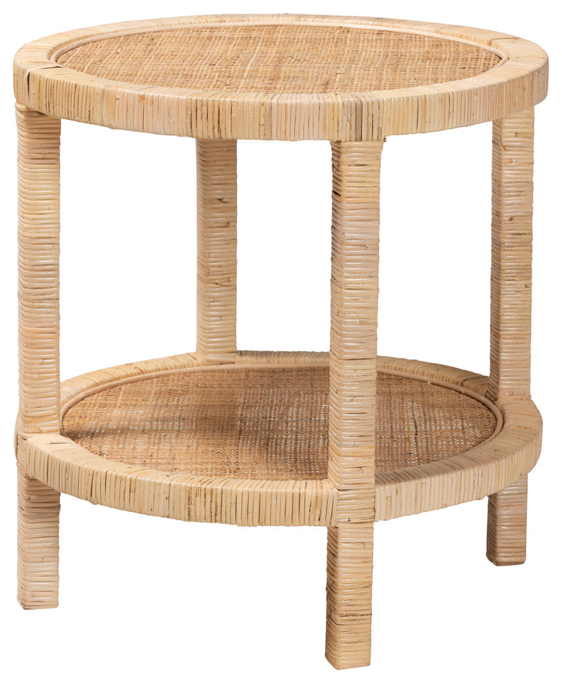 Bella Bohemian Natural Brown Mahogany Wood and Natural Rattan 2-Tier End Table
