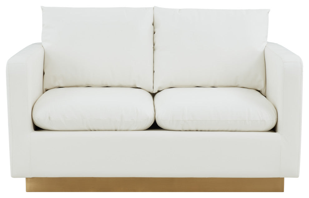 LeisureMod Nervo Modern Leather Loveseat With Gold Base, White