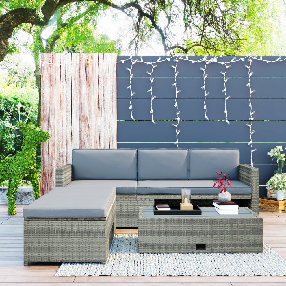4 Pieces Outdoor Rattan Patio Sectional Sofa Set With Retractable Table