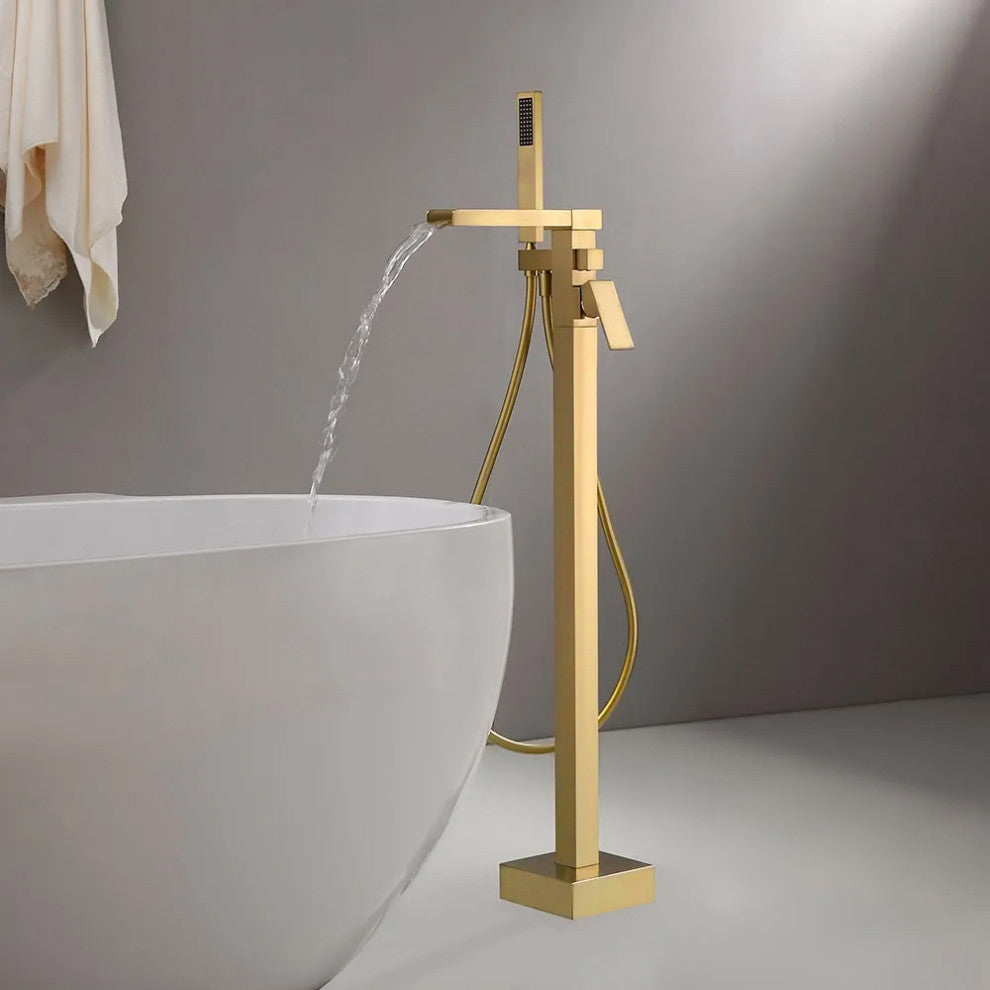 Modern Waterfall Freestanding Bathroom Bathtub Faucet Floor Mount Tub Filler, Brushed Gold