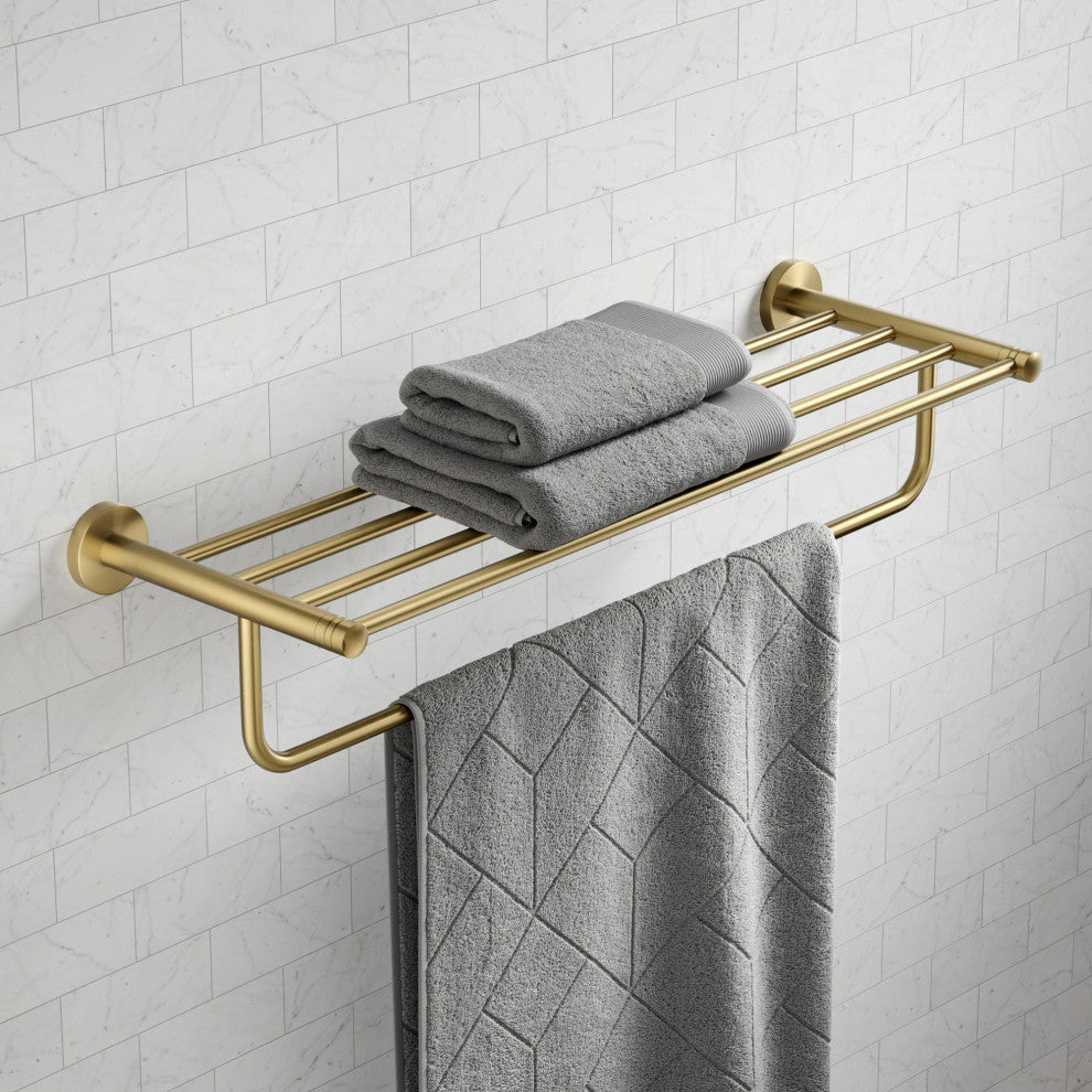 Elie Bathroom Shelf With Towel Bar, Brushed Gold