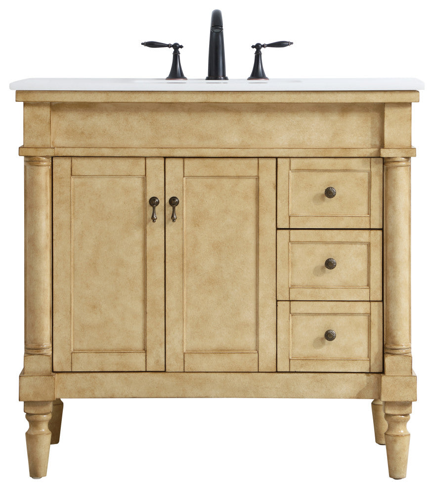 36" Single Bathroom Vanity, Antique Beige With Ivory White Engineered Marble