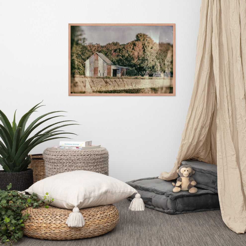 Patriotic Weathered Barn in Field Glass Plate Framed Photo Paper Wall Art Prints, Red Oak, 24" X 36"