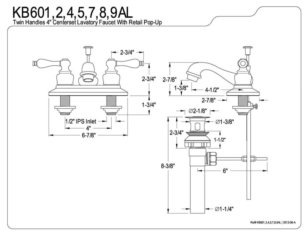 Two Handle 4" Centerset Lavatory Faucet with Retail Pop-up KB604AL