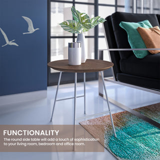 LeisureMod Rossmore Modern Round Side Table With White Steel Frame, Walnut