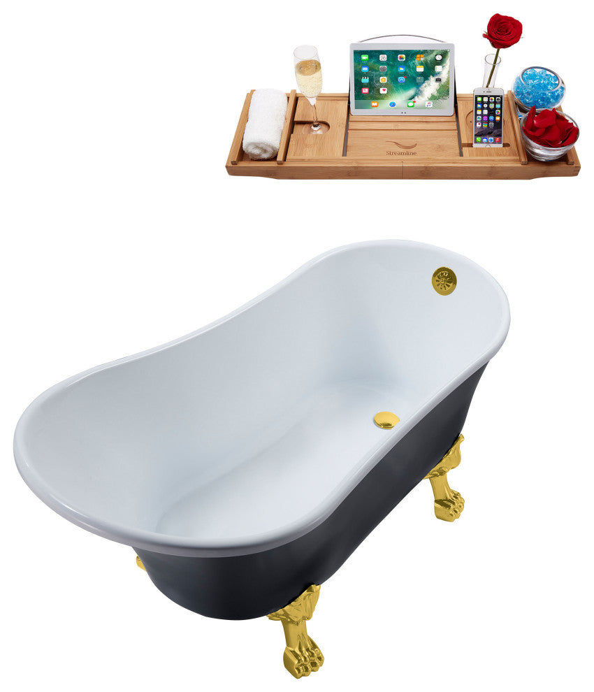 63" Streamline N353GLD-GLD Soaking Clawfoot Tub and Tray With External Drain