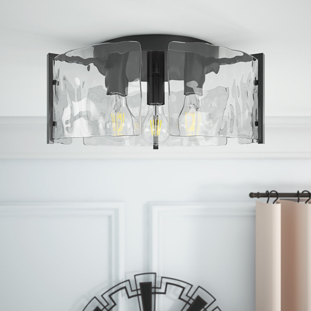 Modern Black Metal Flush Mount Ceiling Light with Curved Water Glass Panels