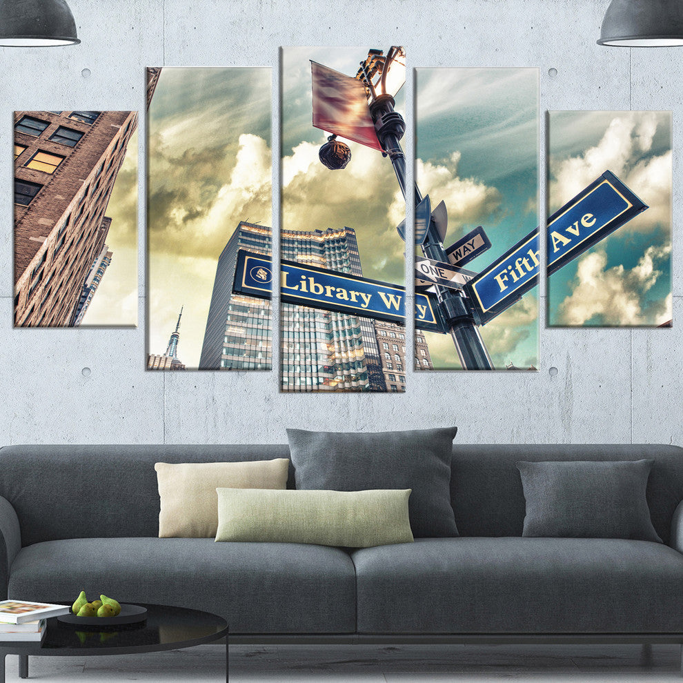 Library Way and 5th Avenue Street Signs, Cityscape Canvas Art, 60"x32", 5 Panels