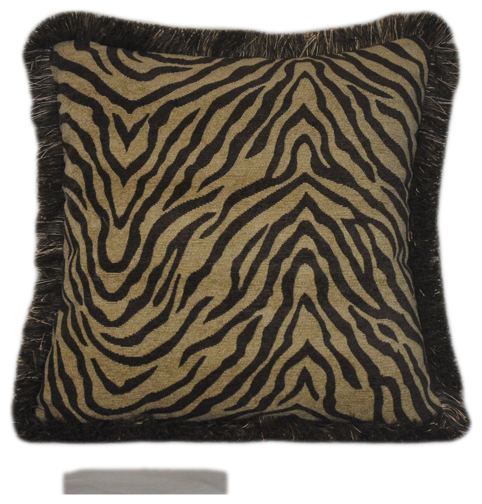 Brown And Gold Woven Chenille Fringed Zebra Throw Pillow, 14x14