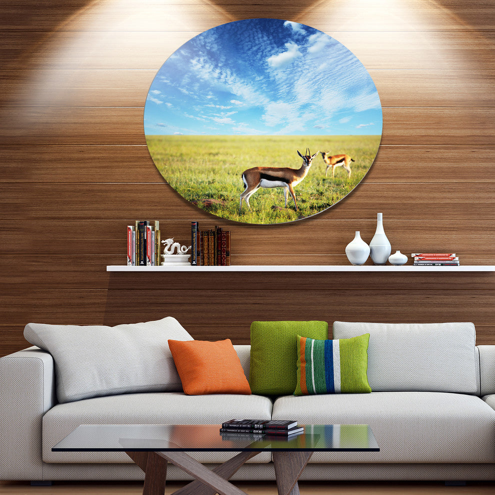 Antelopes Wandering Under Bright Sky, African Disc Metal Artwork, 11"