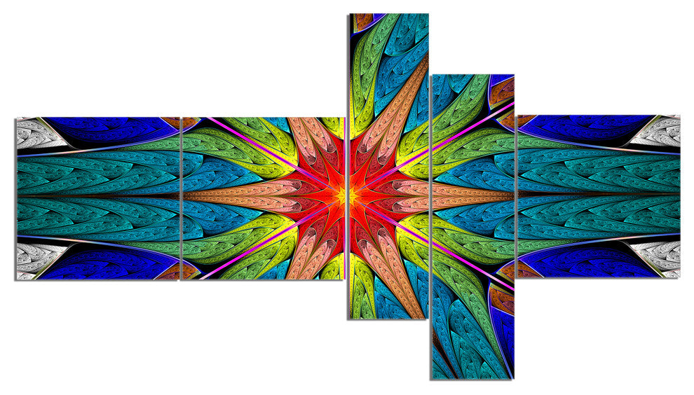 Budding Fractal Colorful Flower, Abstract Canvas Art Print, 60"x32", 5 panels