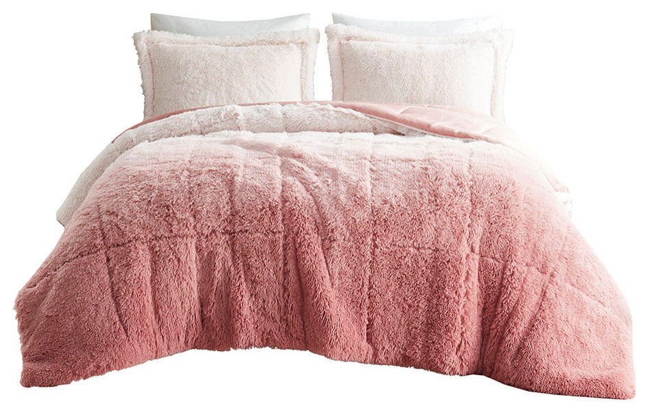 Intelligent Design Brielle Ombre Shaggy Long Fur Comforter Mini Set, Blush