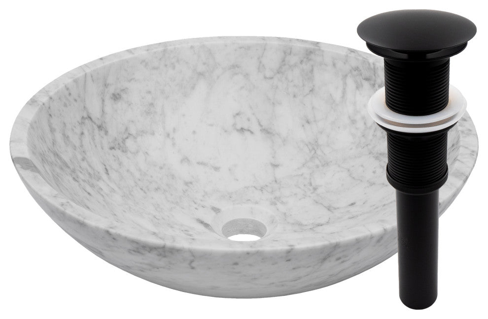 Novatto Carrara White Marble Vessel Sink and Drain, Matte Black
