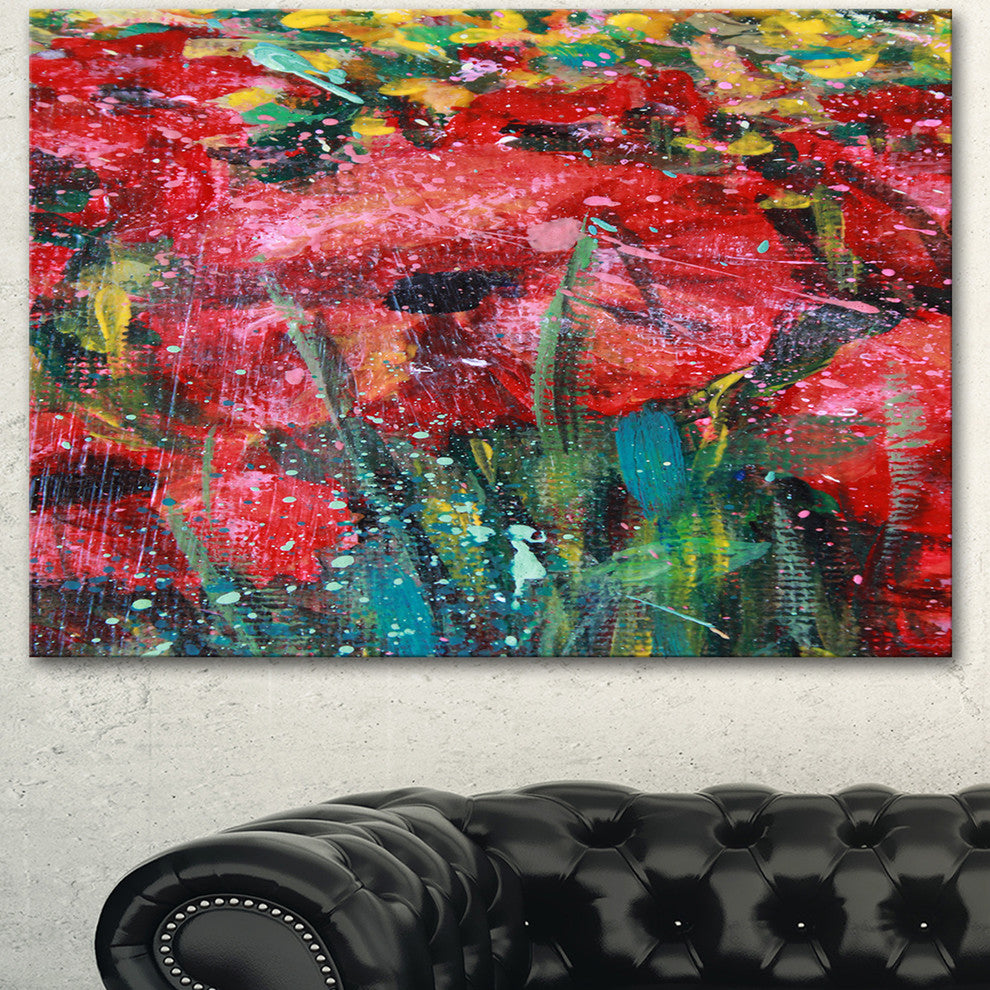 Red Poppies Acrylic Drawing, Extra Large Floral Wall Art, 60"x28"