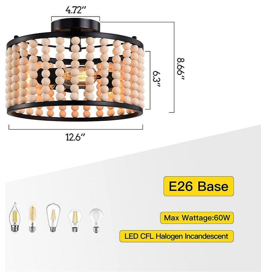 3 Light Wood Beads Ceiling Light Fixture, Farmhouse, Boho, Black