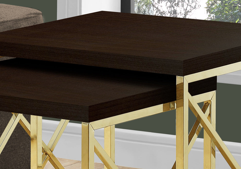 Nesting Table Set Of 2 Side End Metal Accent Metal Laminate Brown Gold