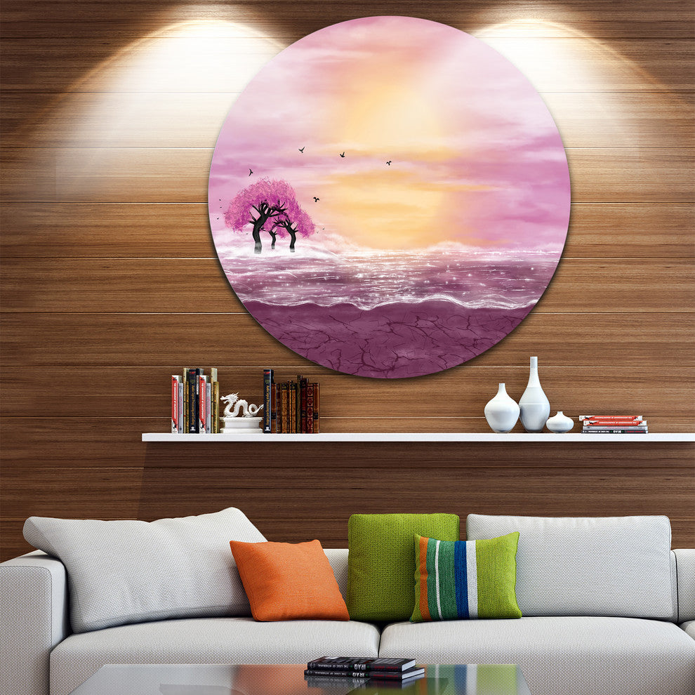 Water And Pink Trees In Desert, Landscape Art Disc Metal Wall Art, 36"