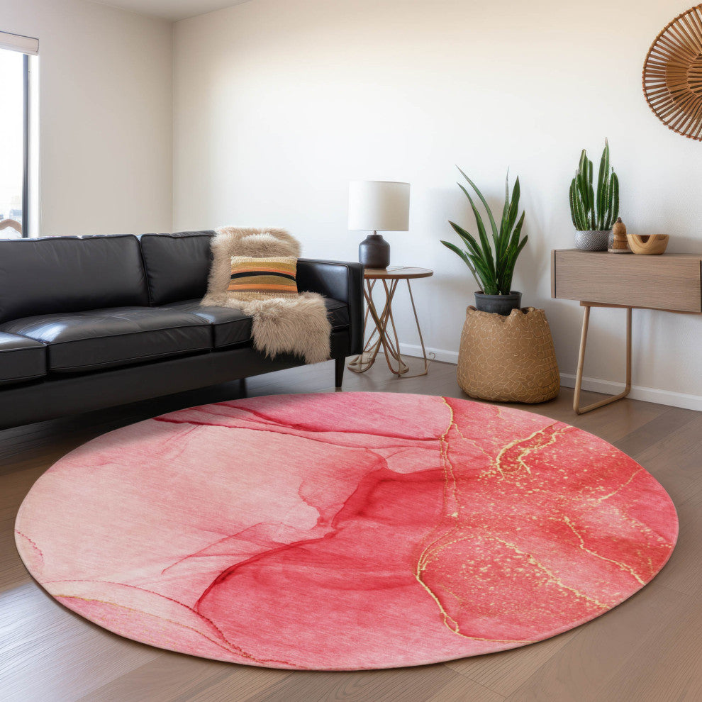Premium Machine Washable Mayfield AMF507 Pink 8'' x 8'' Round Rug