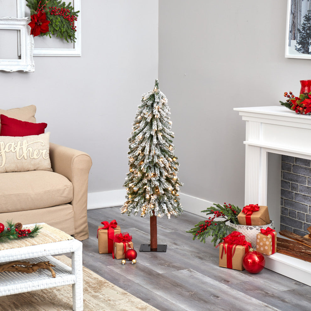 4' Flocked Grand Alpine Faux Xmas Tree W/Lights & Natural Trunk