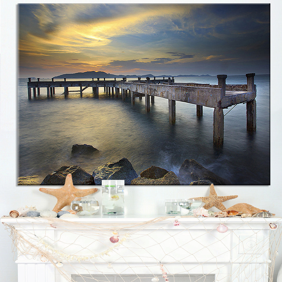"Old Wood Boat Jetty Into Blue Sea" Sea Bridge Wall Artwork, 32"x16"