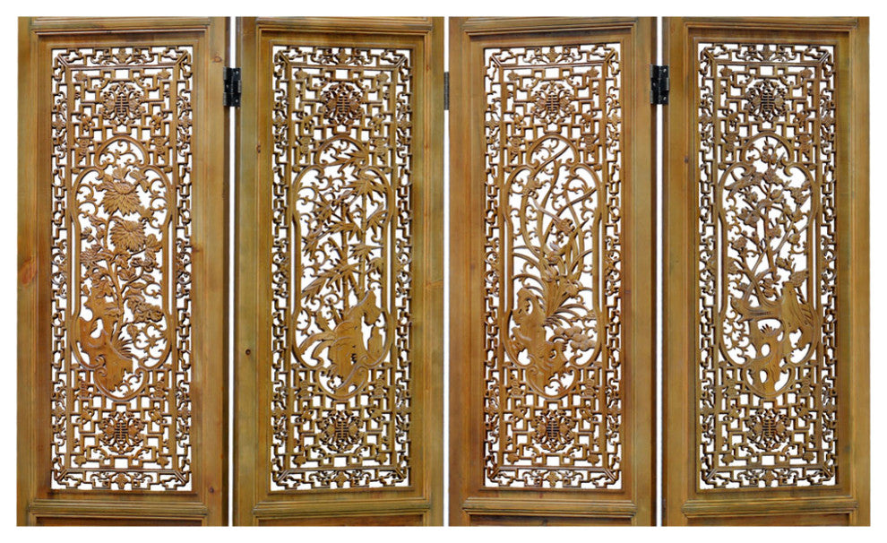 Grand Cedar Wood Four Season Motif Intaglio Oriental Floor Screen