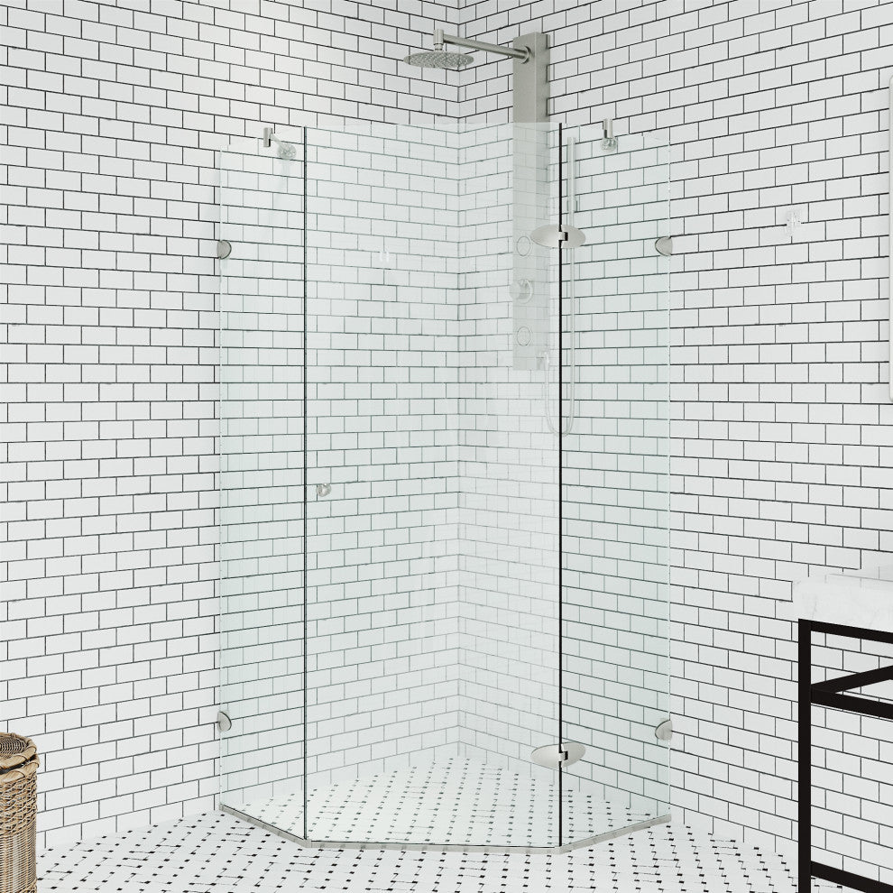 VIGO Verona 36"D x 36"W x 73"H Frameless Hinged Neo-Angle Shower Enclosure, Brushed Nickel, Without Base