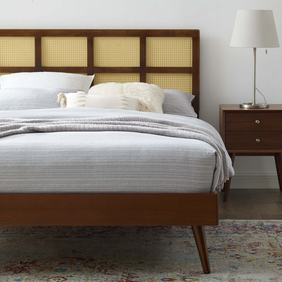 Platform Bed Frame, King Size, Wood, Brown Walnut, Modern Mid-Century, Bedroom