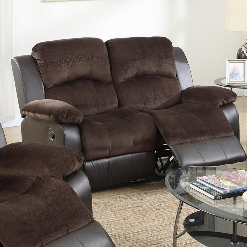 Padded Suede Faux Leather Reclining Loveseat, Brown