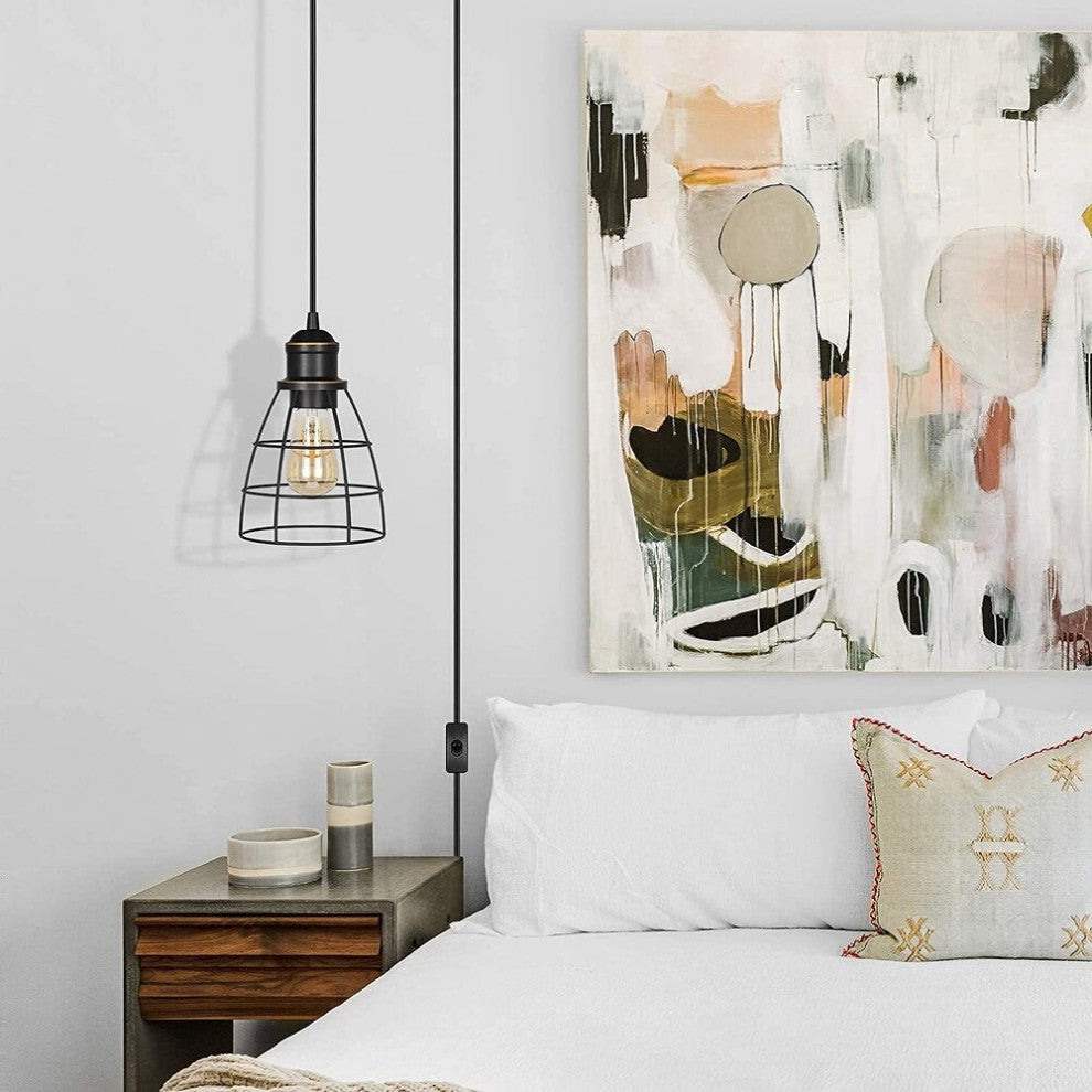 2 Pack Plug in Pendant Light Industrial Cage Pendant Lamp