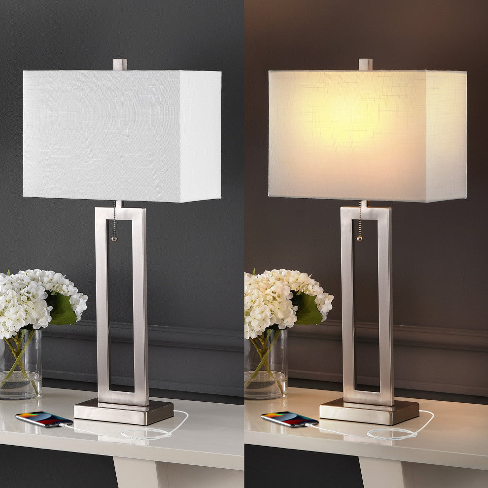 Sabrina 28.5" Iron LED Table Lamp With USB Charging Port, Nickel, Set of 2