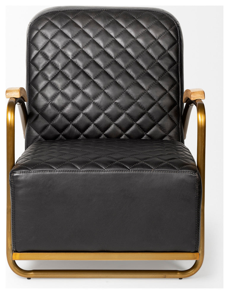 Horace I Black Leather Diamond Pattern With Gold Iron Frame Accent Chair